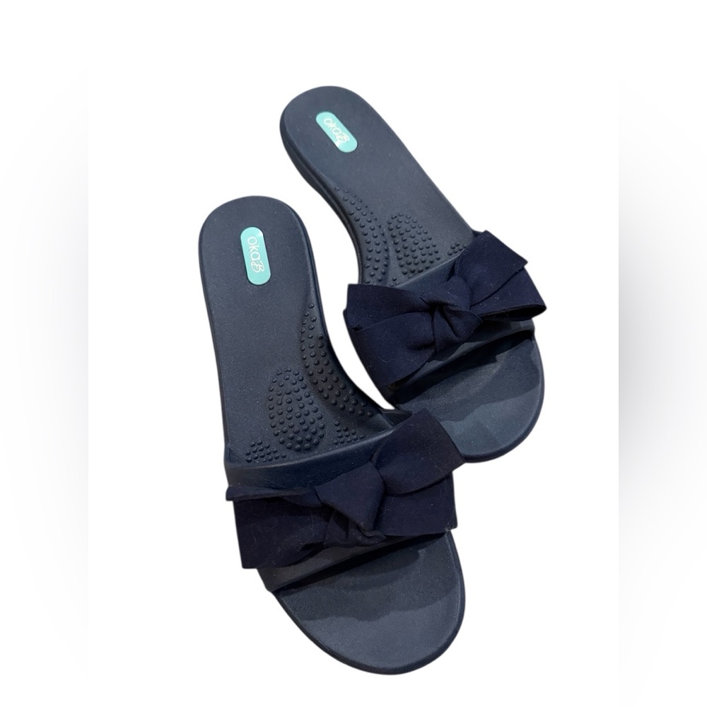 NEW OKA B Navy Blue Bow Slide Sandals Comfort Slip-On USA Made Size M/L